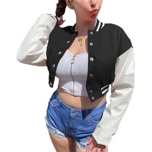 Women’s Crop Baseball Jacket Faux Leather Coat Punk Hiphop Outwear